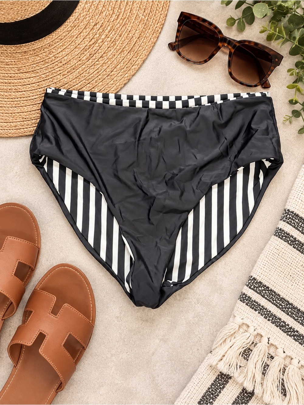 Coral Reef Reversible High Rise Bikini Bottoms Black Stripe XXL